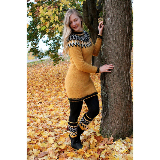 Ruska-kirjoneulemekko, neuleohje