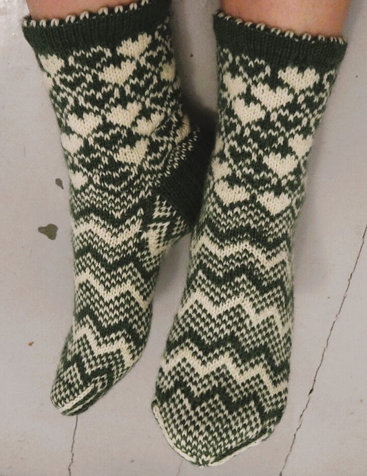 Sydämet-kirjoneulesukat, neuleohje