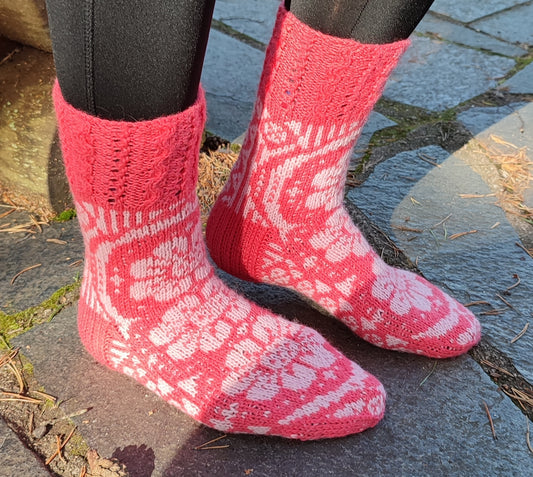 Kakkarakukka-kirjoneulesukat, neuleohje