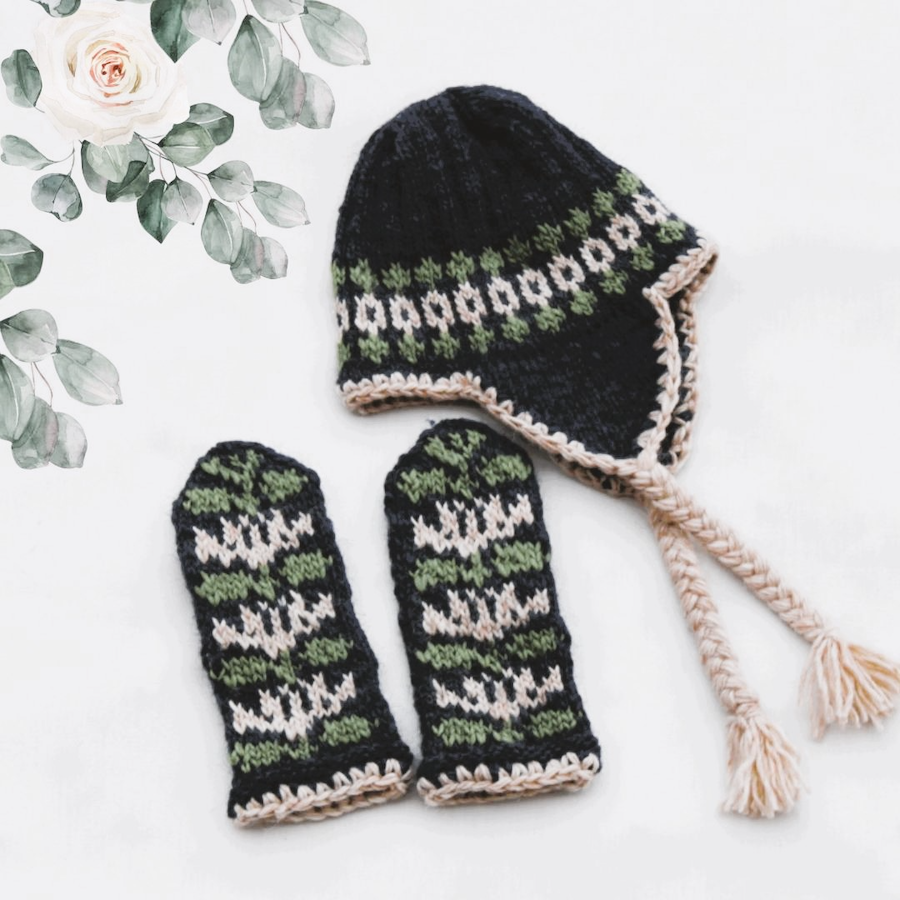 Féll rós-lapaset ja -pipo, neuleohje