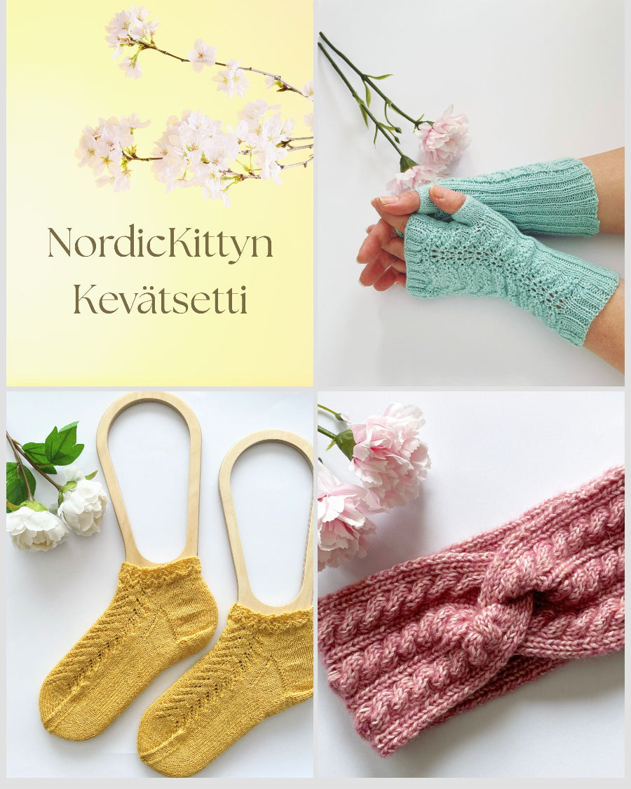 neulotut pitsi kämmekkäät, nilkkasukat ja palmikkopanta