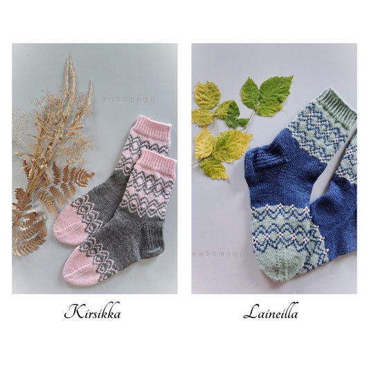 Ohjepaketti Kirsikka- ja Laineilla-villasukkiin, neuleohje